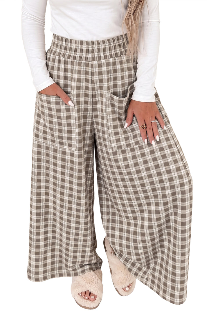 Brown Plaid Elastic Waist Patch Pocket Wide Leg Pants