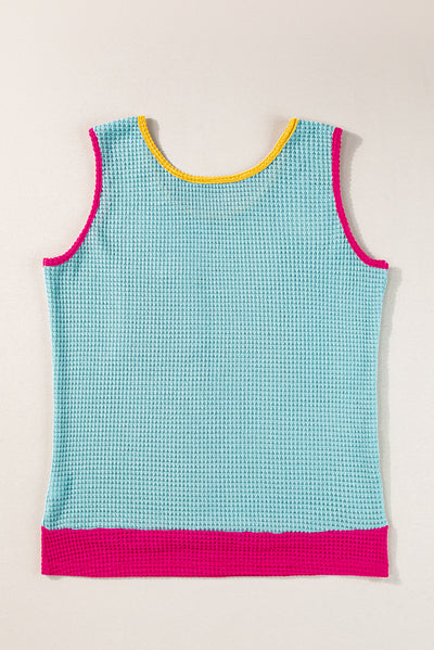 Light Blue Color Block Patched Pocket Breathable Knit Tank Top