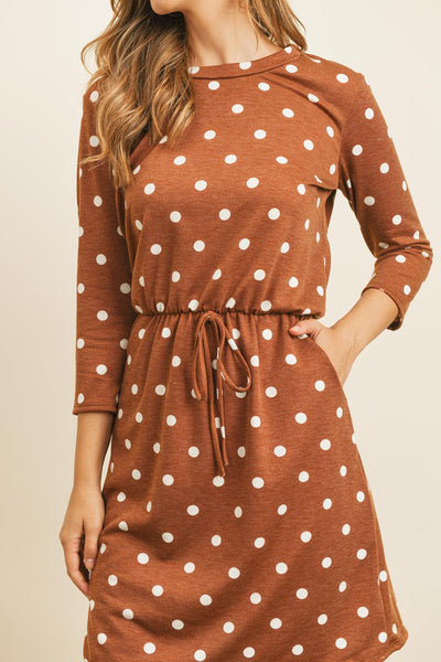 Polka Dot Print French Terry Cinch Waist Tie Front Dress With Pockets