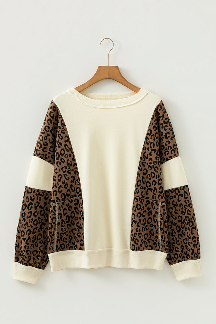 Beige Raw Seam Color Block Leopard Patchwork Baggy Long Sleeve Top