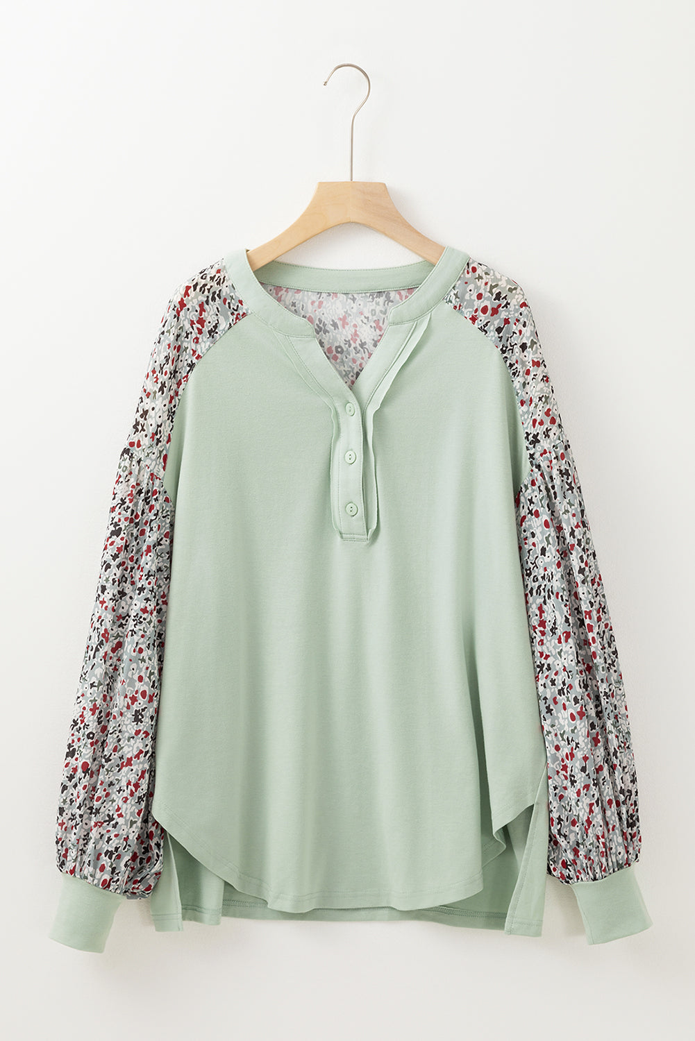 Meadow Mist Green Contrast Printed Bubble Sleeve Henley Loose Top with Slits