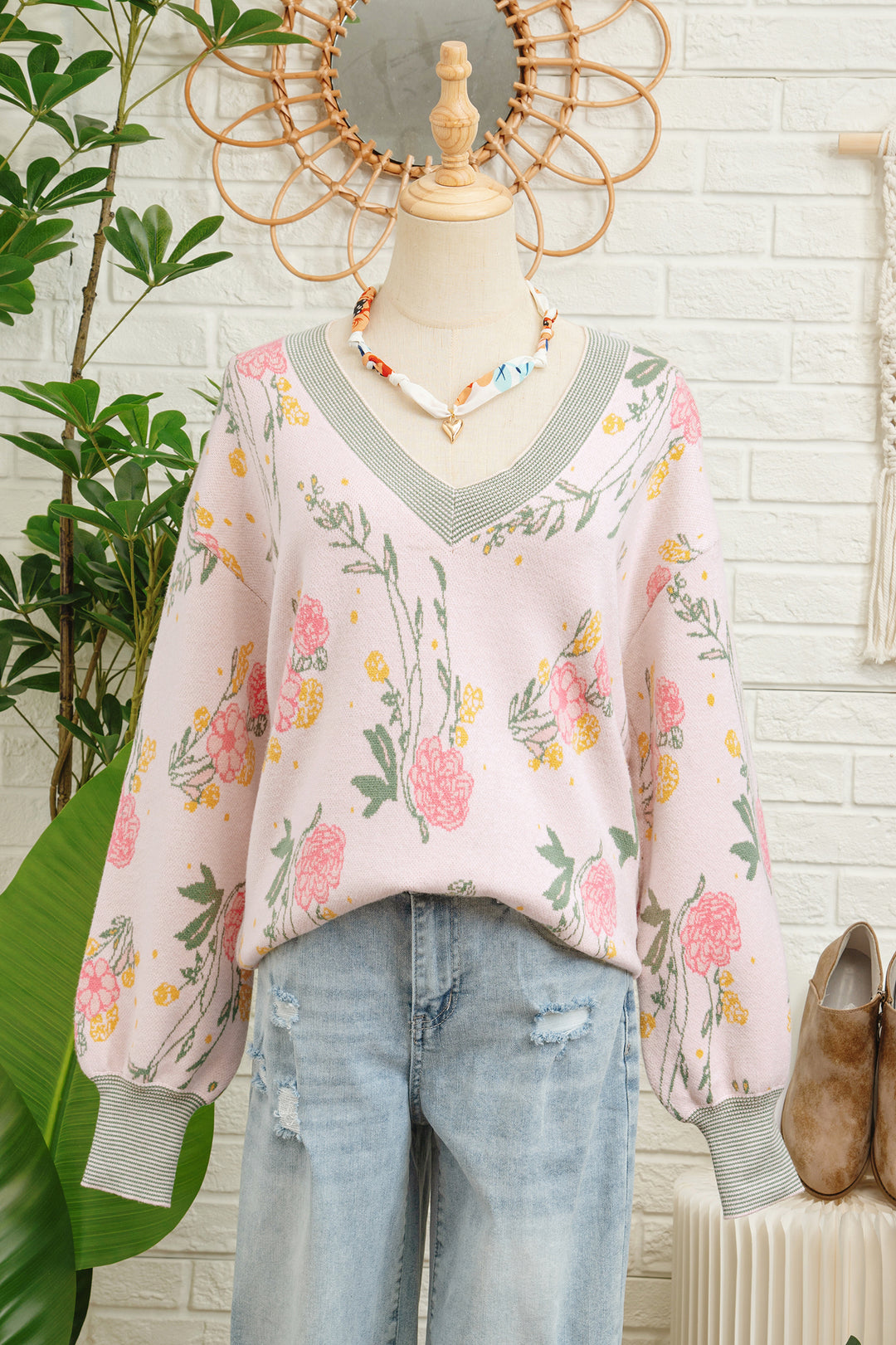 Pink Floral Pattern Striped V Neck Loose Sweater
