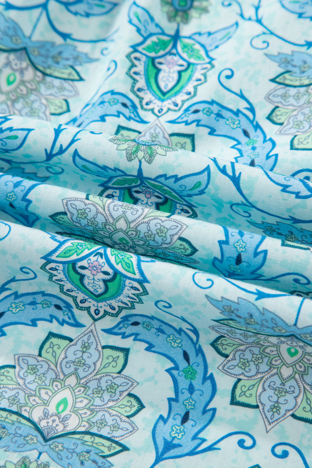 Sky Blue Paisley Print Puff Sleeve Loose Shirt