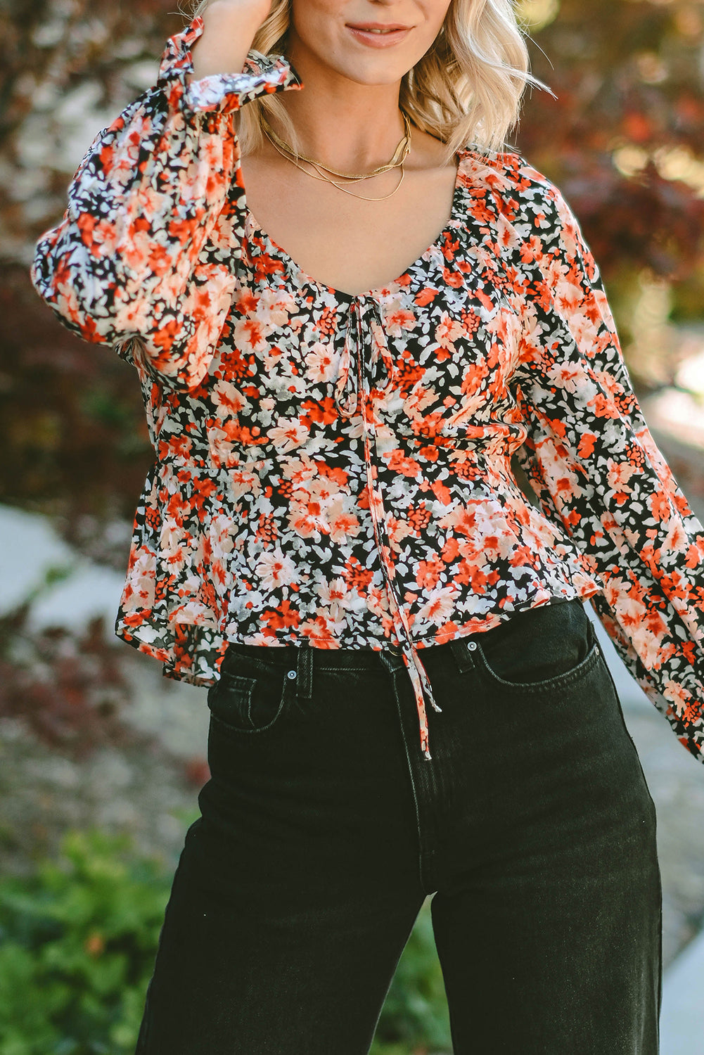 Orange Floral Flounce Sleeve Front Tie Sweetheart Neck Blouse