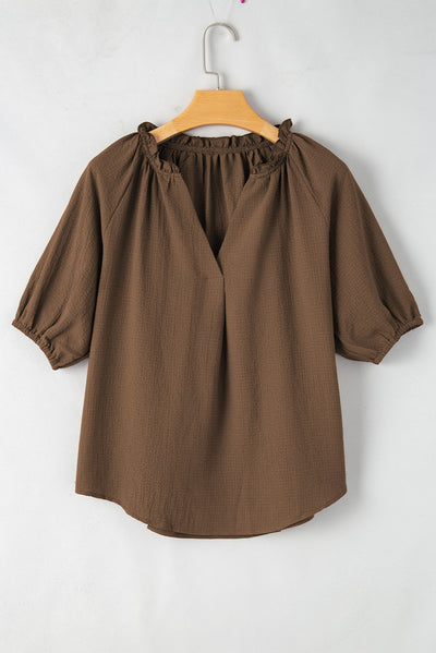 Chicory Coffee Frill Split Neck Puff Sleeve Crinkle Blouse