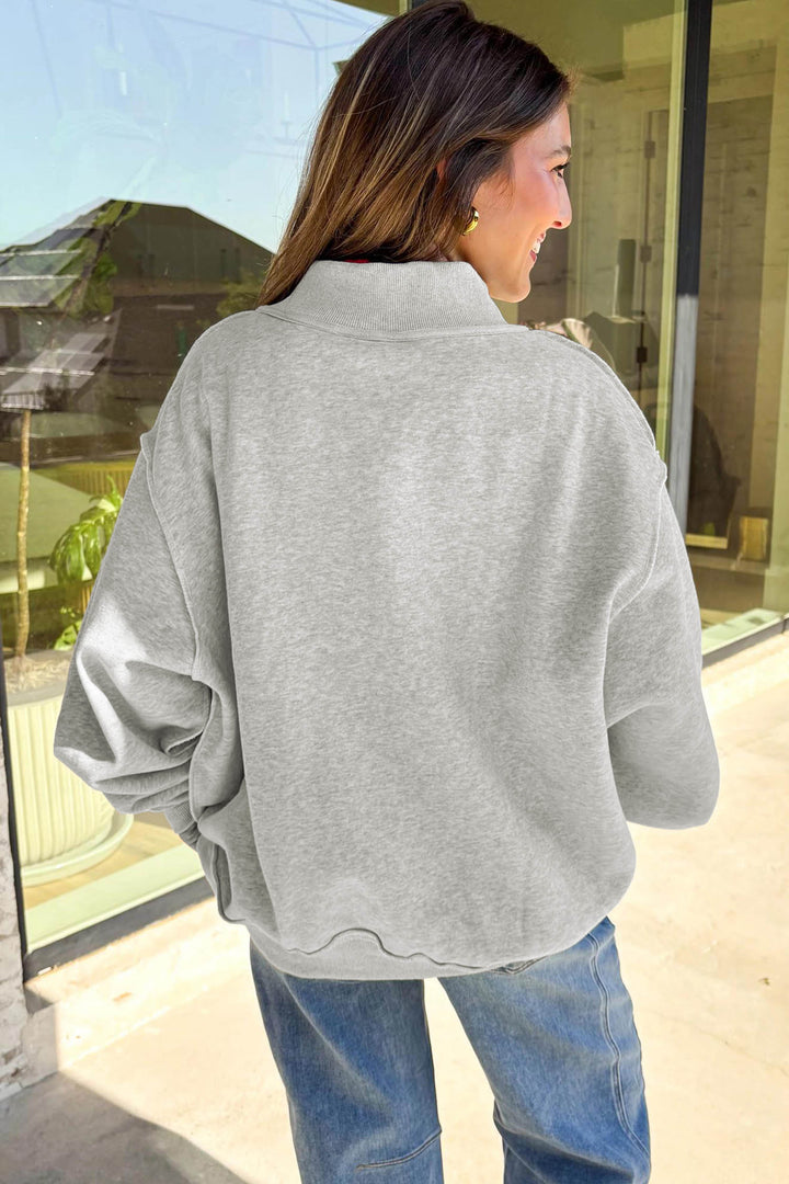 Light Grey AMERICA 1776 Faux Patchwork Print Reversible Mock Neck Sweatshirt