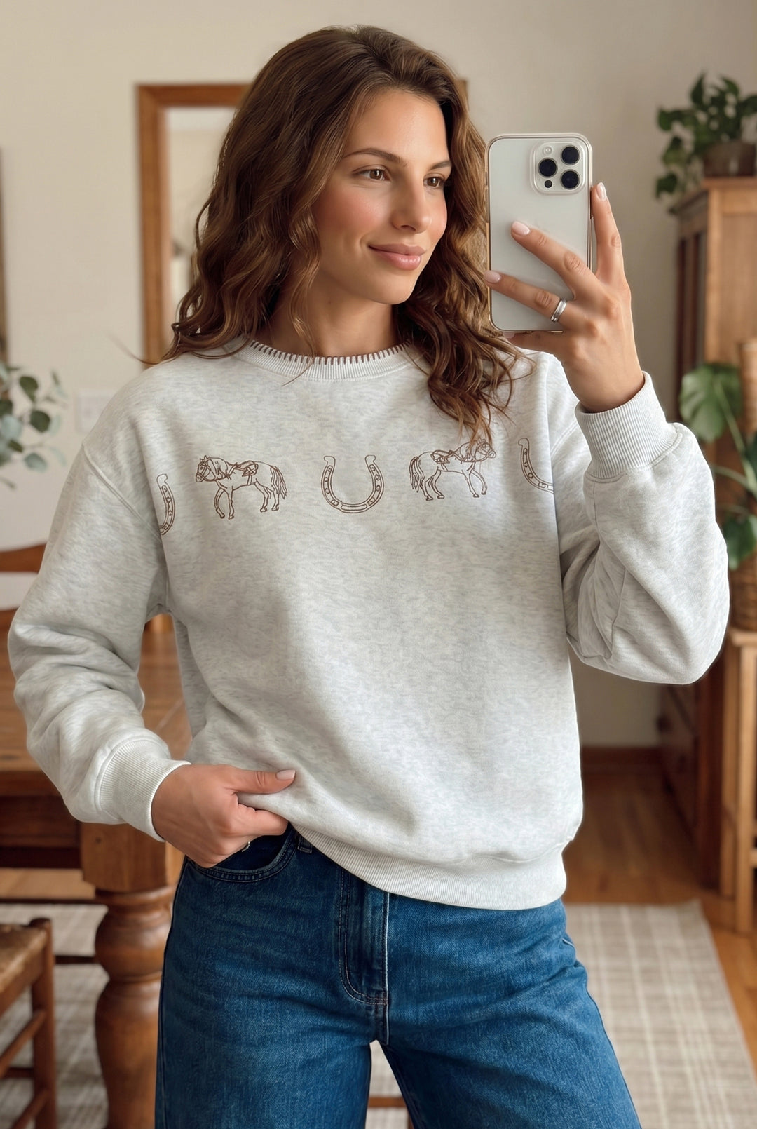 Light Grey Western Print Embroidered Casual Sweatshirt