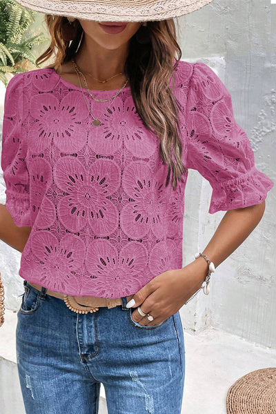 Bright Pink Flower Eyelet Jacquard Keyhole Flounce Sleeve Top