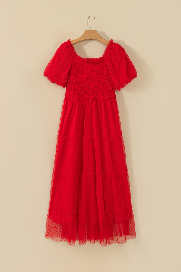 Fiery Red Tiered Tulle Smocked Bodice Puff Sleeve Dress