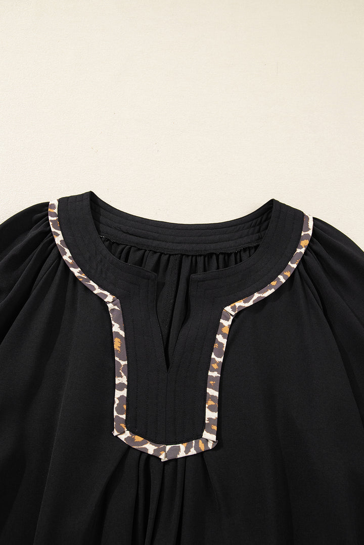 Black Plus Size Notched Neck Leopard Trim Flounce Long Sleeve Shift Dress