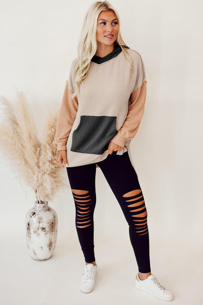 Smoke Gray Color Block High Low Textured Hoodie