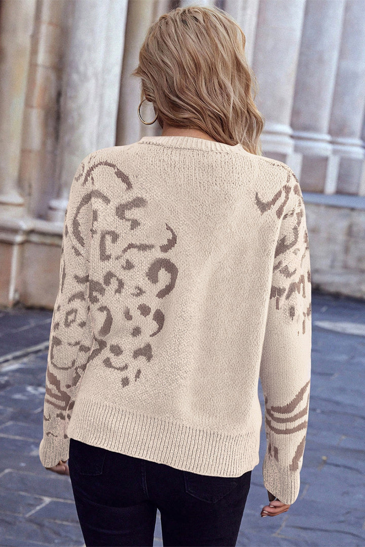 Beige Asymmetric Leopard Print Detail Drop Shoulder Sweater