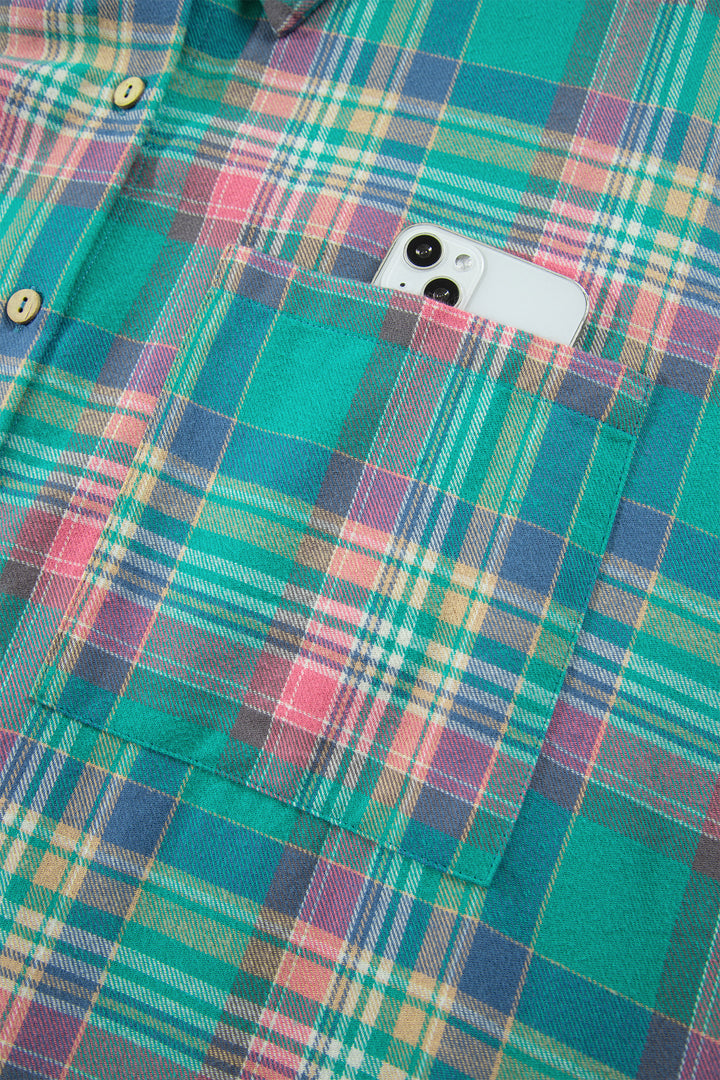 Green Plaid Button-Up Shift Long Sleeve V Neck Plus Size Dress