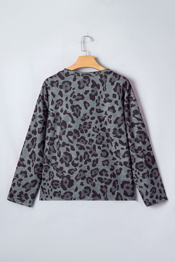 Gray Leopard Print Varsity Striped Trim Long Sleeve Top