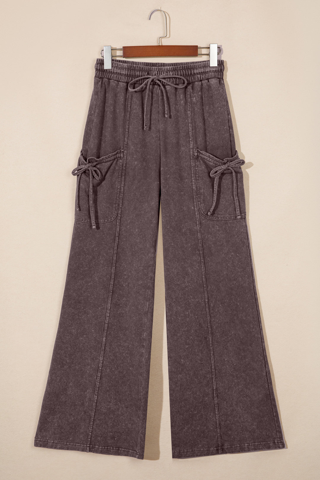Dark Brown Cotton Mineral Wash Elastic Waist Drawstring Tie Detail Cargo Pants