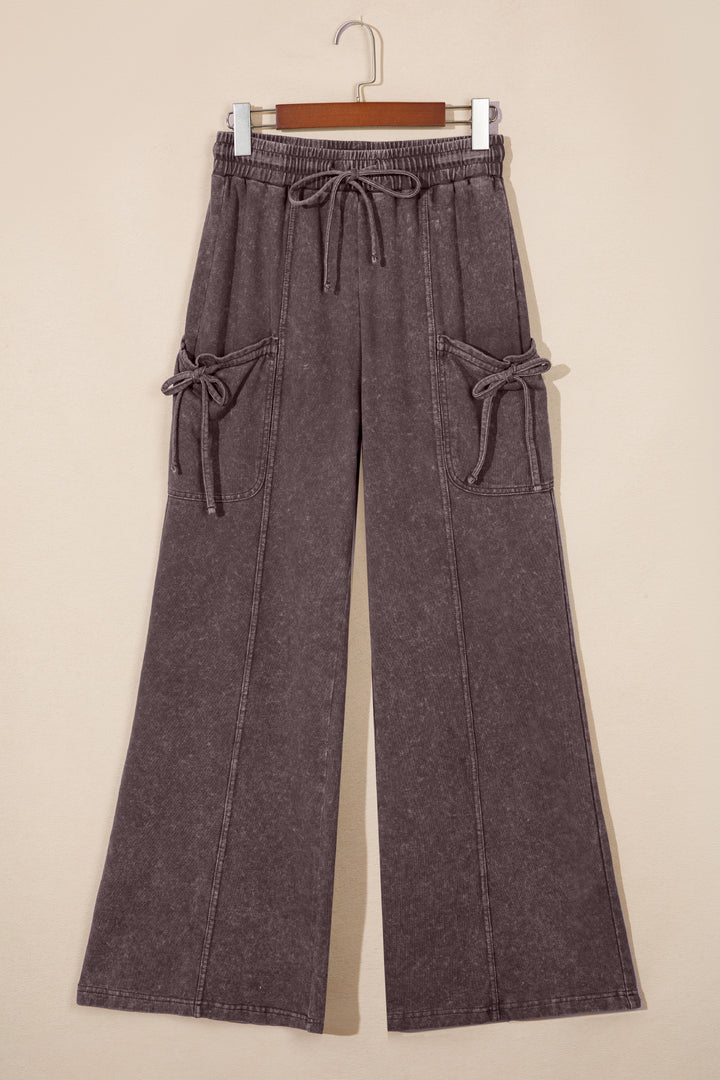 Dark Brown Cotton Mineral Wash Elastic Waist Drawstring Tie Detail Cargo Pants