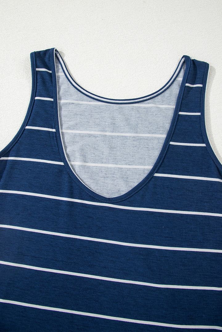 Blue Gray Stripe Print Open Back Sleeveless Maxi Dress with Slits