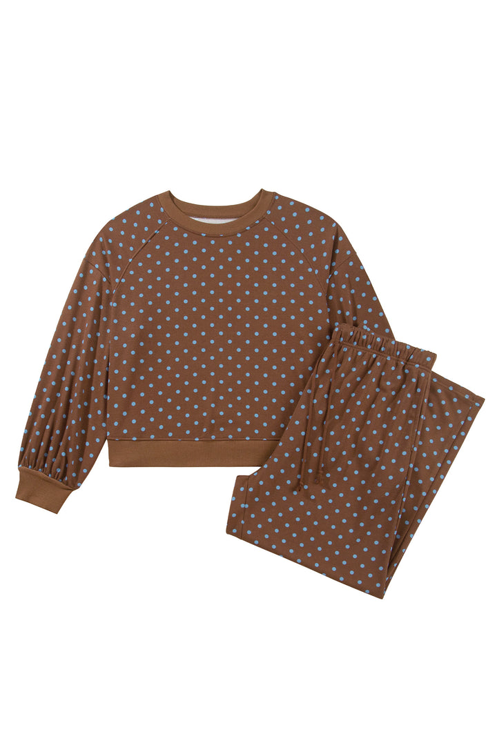 Brown Polka Dot Round Neck Long Sleeve Plus Size Set