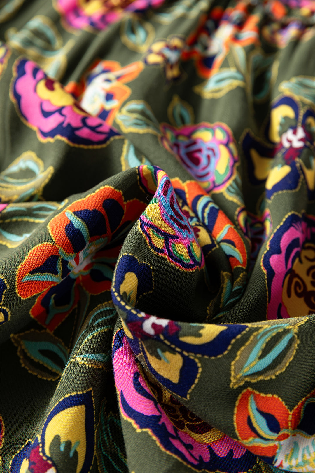 Green Plus Size Floral Print Collared V Neck Loose Mini Dress