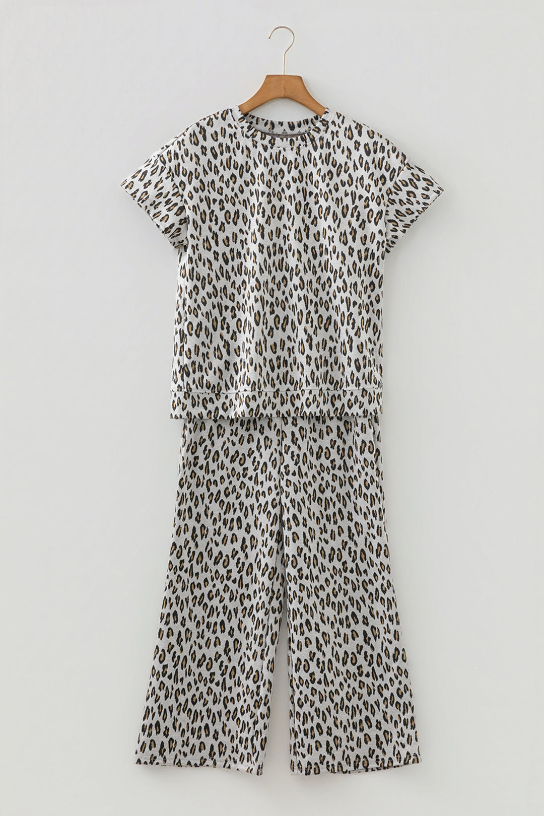 Beige Leopard Print Casual Tee and Pants 2pcs Outfit