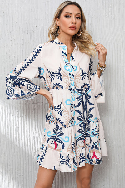 White Printed Tribal Bracelet Sleeve Buttoned Mini Dress