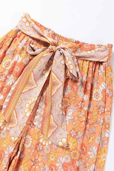 Grapefruit Orange Tie Waist Boho Floral Wide Leg Pants