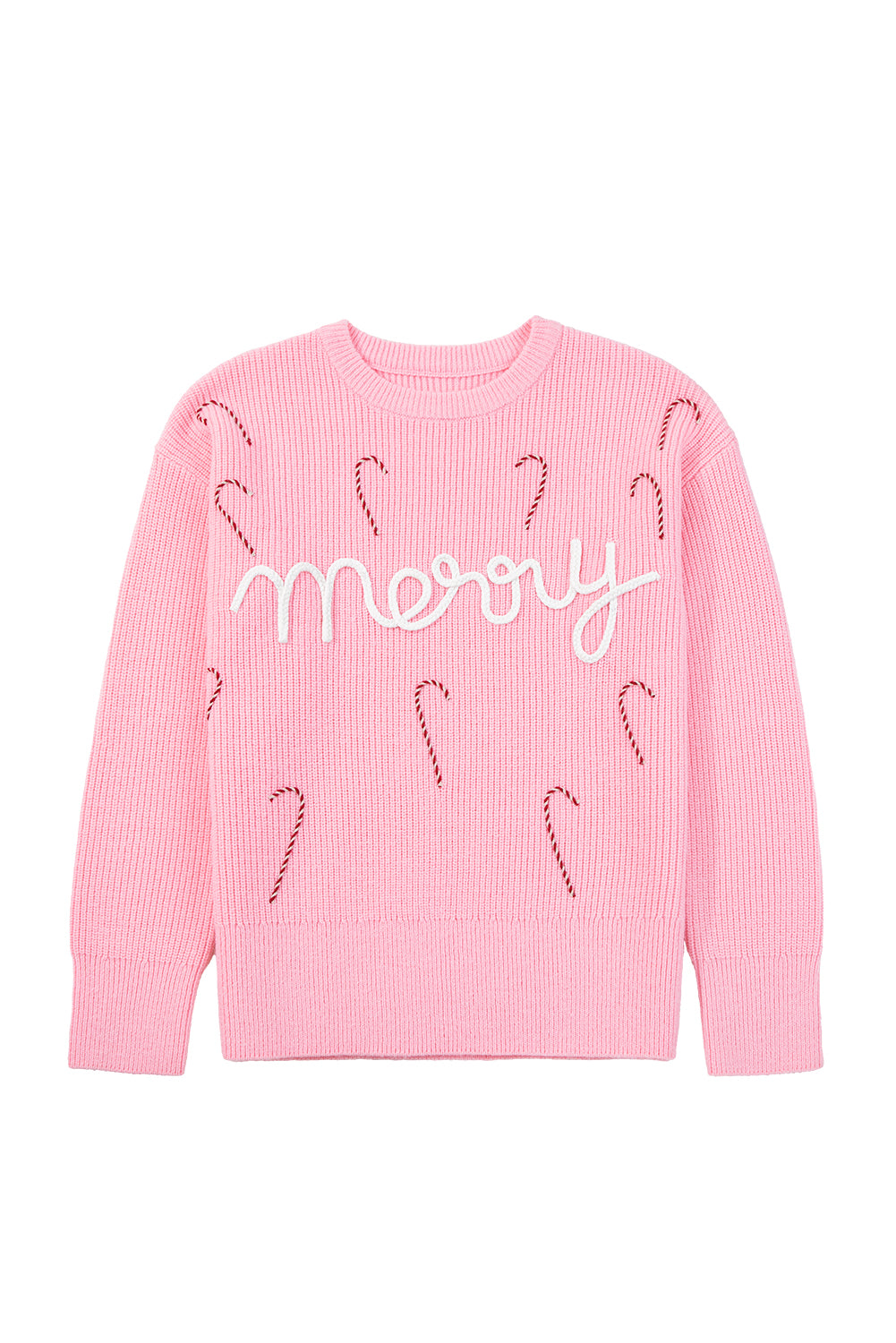 Pink Merry Candy Cane Puffy Knit Crew Neck Sweater