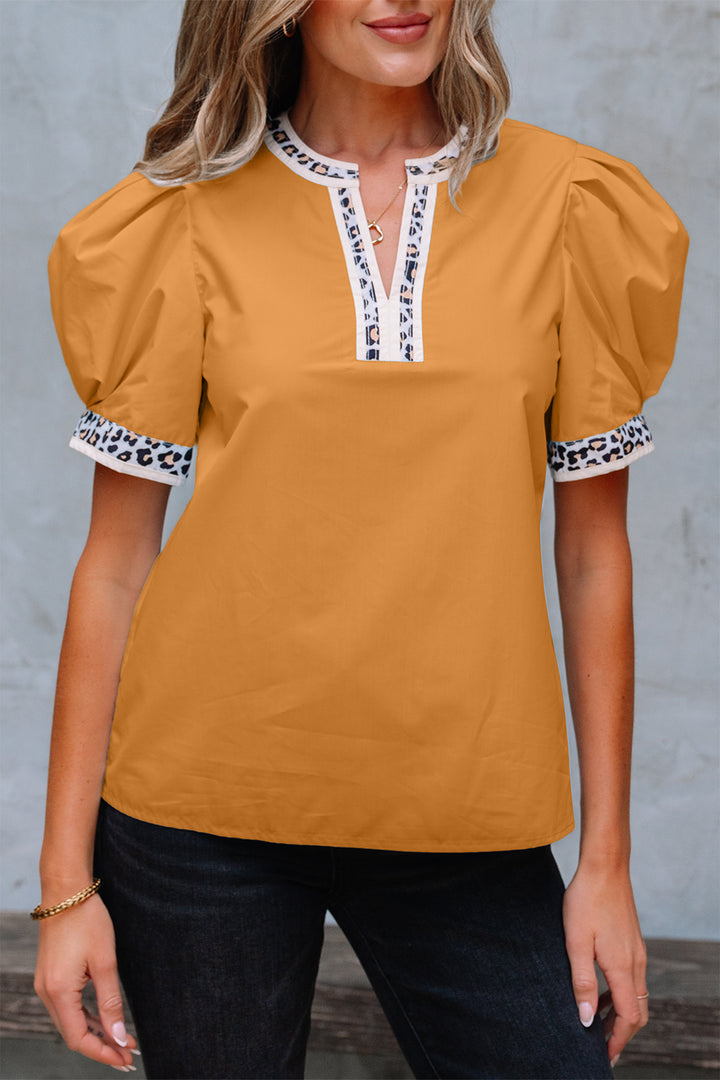Buckskin Contrast Leopard Trim Split Neck Puff Sleeve Blouse