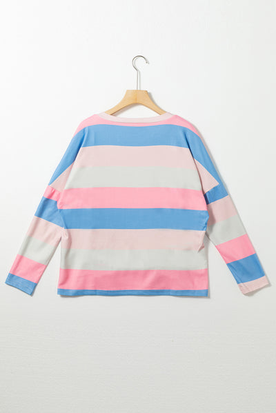 Pink Contrast Striped V Neck Long Sleeve Top