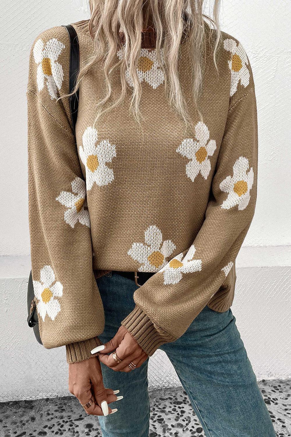 Perfee Floral Dropped Shoulder Sweater