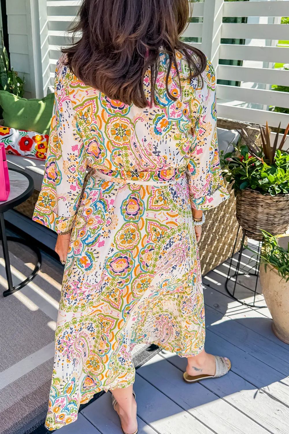 Tied Printed Long Sleeve Midi Dress