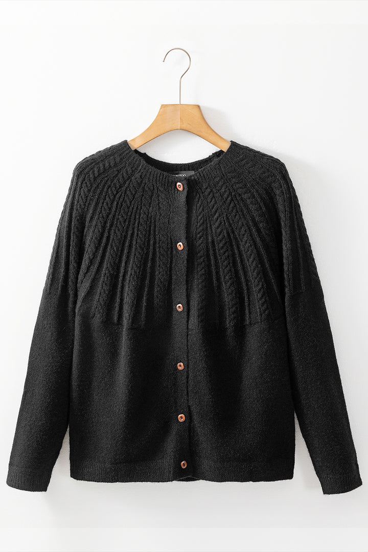 Black Solid Color Textured Detail Button Down Long Sleeve Sweater Cardigan