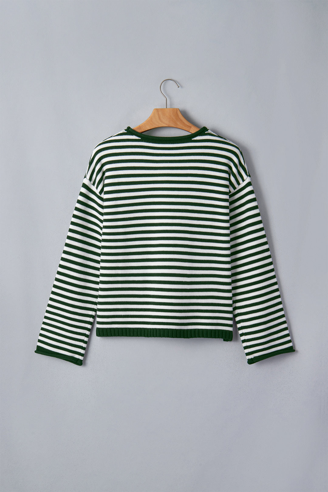 Green Stripe Striped Button Placket Drop Shoulder Long Sleeve Sweater