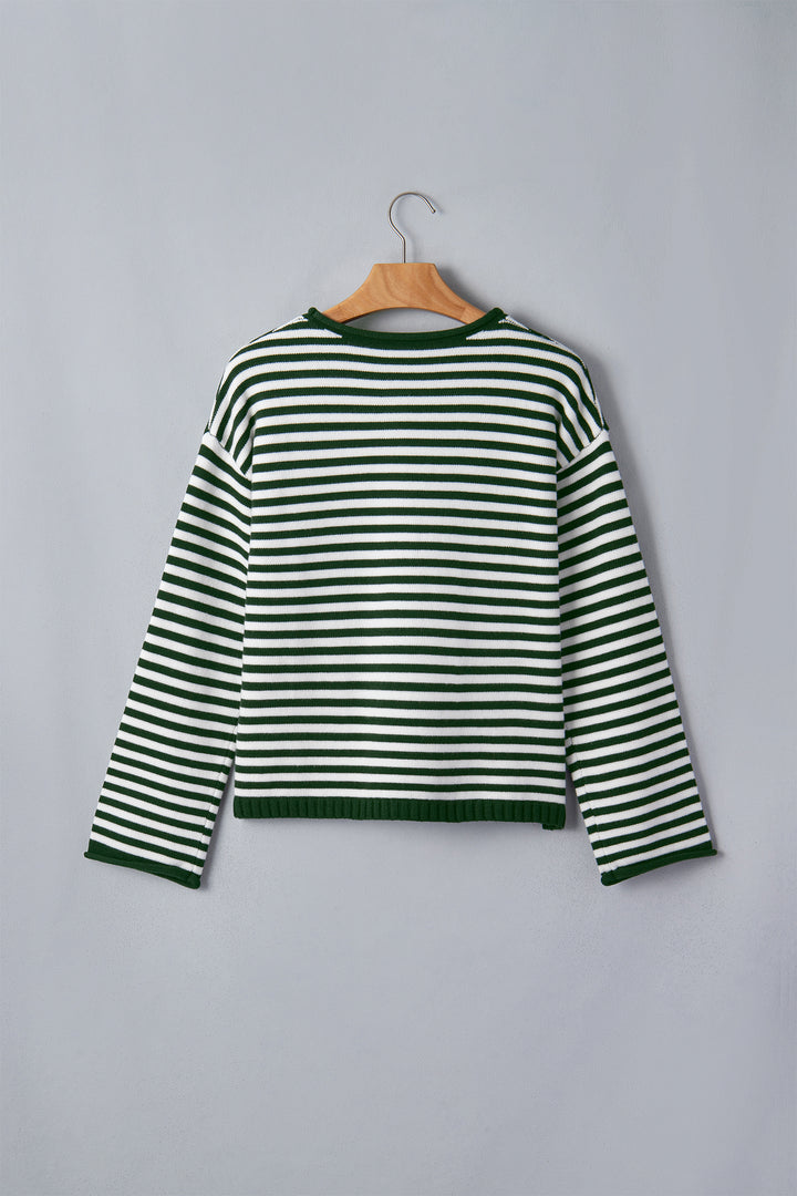 Green Stripe Striped Button Placket Drop Shoulder Long Sleeve Sweater