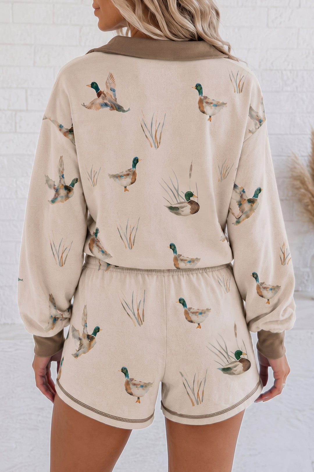 Khaki Mallard Print Color Block Patchwork Zip Pullover and Shorts Set