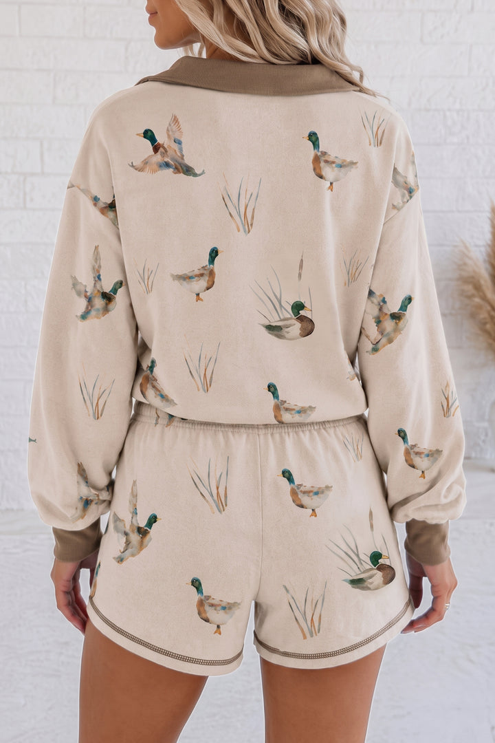 Khaki Mallard Print Color Block Patchwork Zip Pullover and Shorts Set
