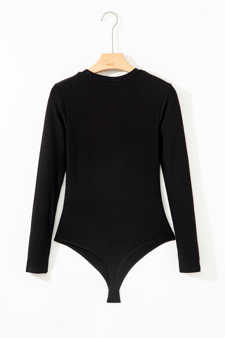Black Ribbed Long Sleeve Crew Neck Solid Color Bodysuit