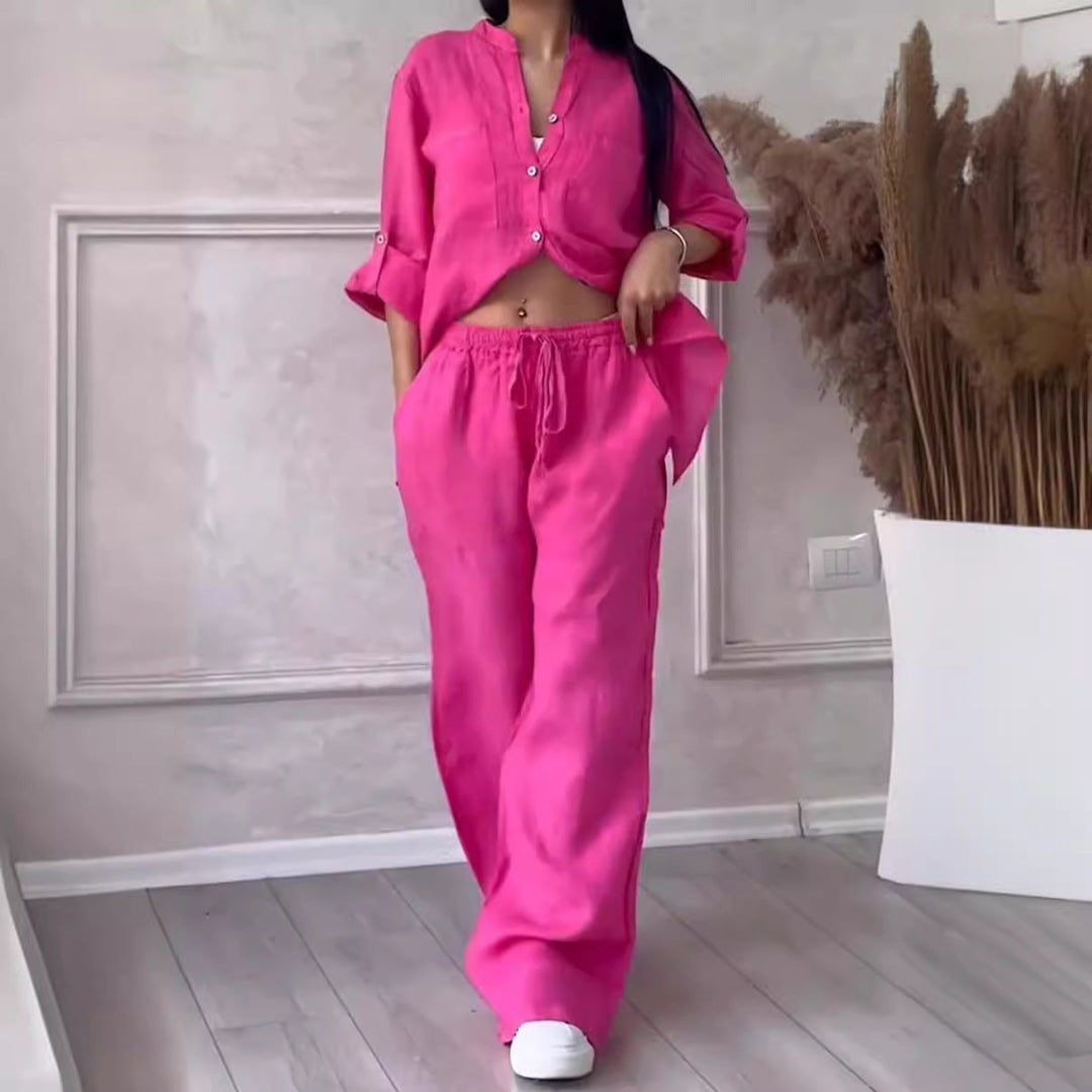 Wide-Leg Pants &amp; Lace-Up Top Two-Piece Set – Solid Color, 12 Colors S–5XL
