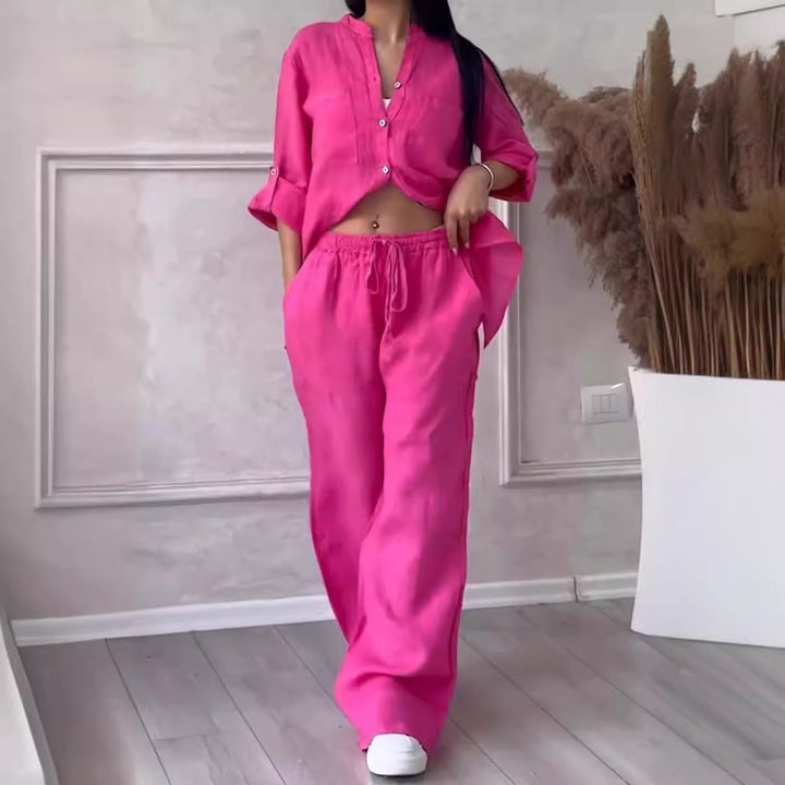 Wide-Leg Pants &amp; Lace-Up Top Two-Piece Set – Solid Color, 12 Colors S–5XL