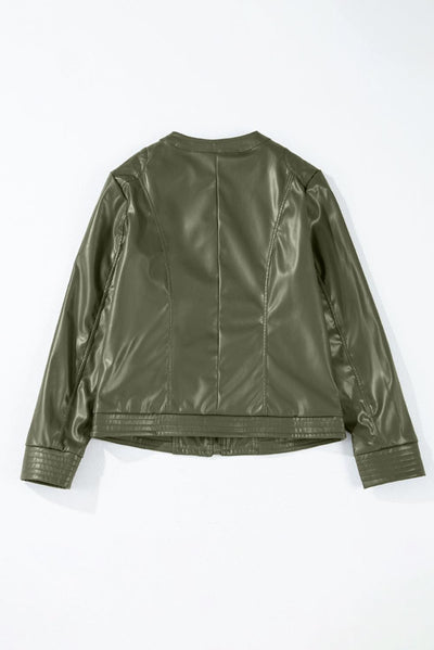 Sage green faux leather bomber jacket back view