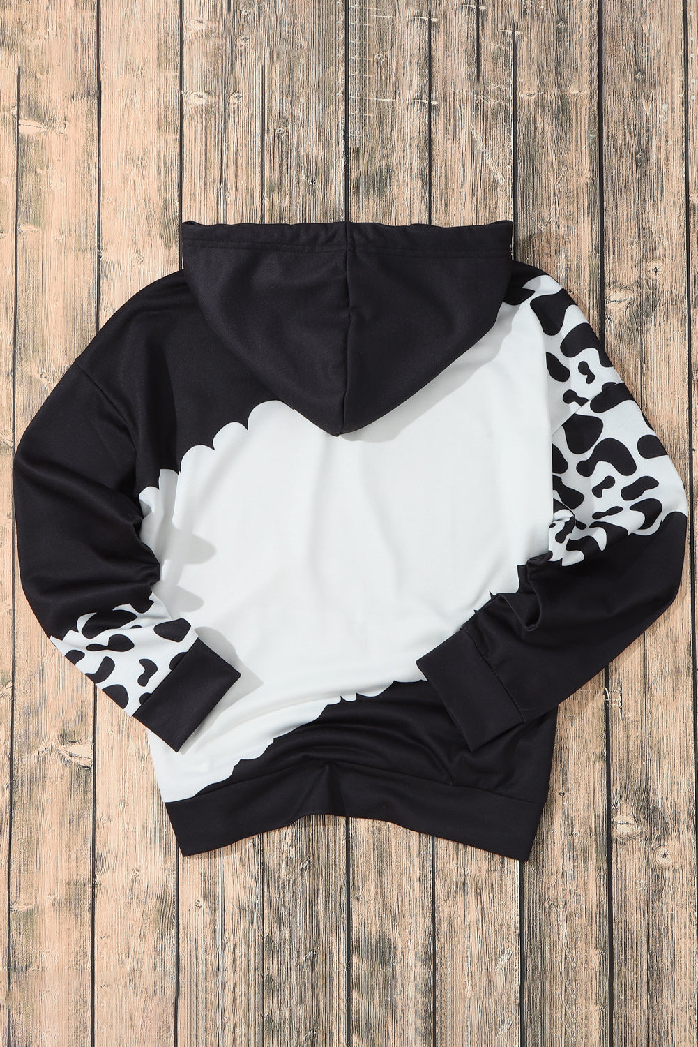 Black Cow Tie Dye Print Pocketed Drawstring Pullover Hoodie