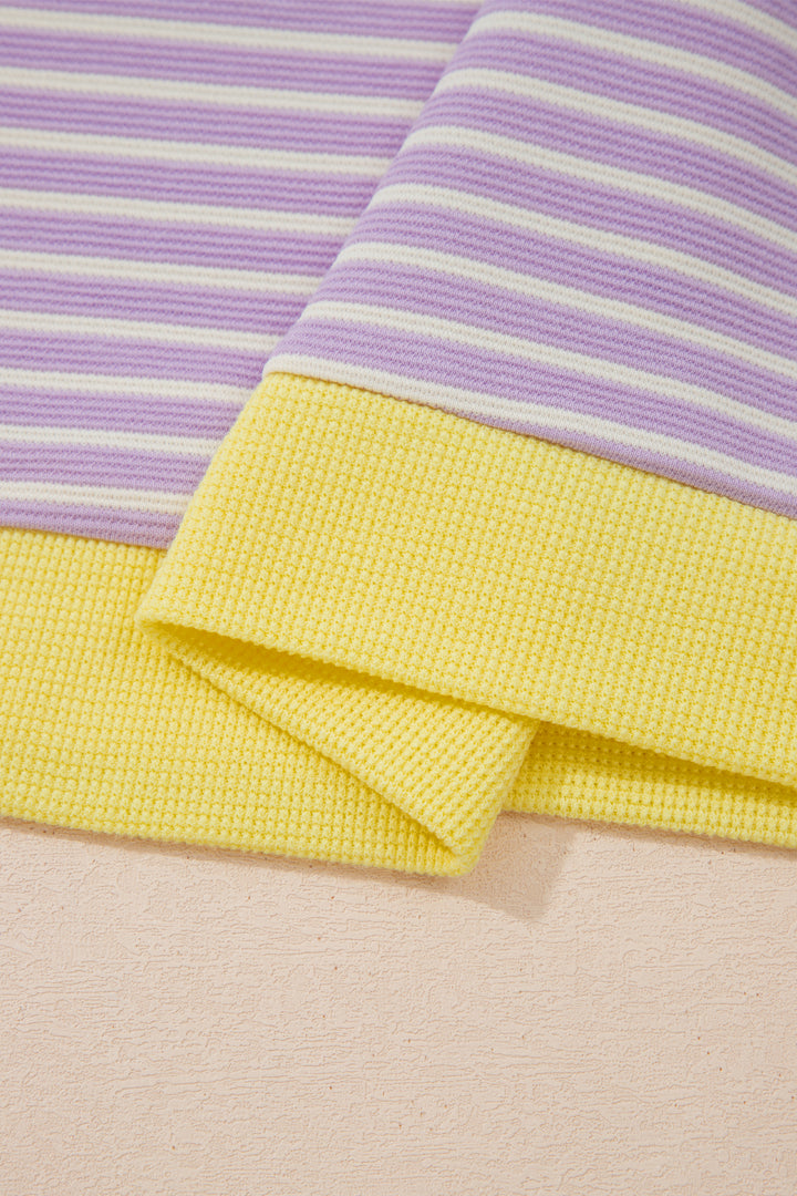 Purple Stripe Striped Colorblock Paneling Collar Cuff Hem Texture T-Shirt