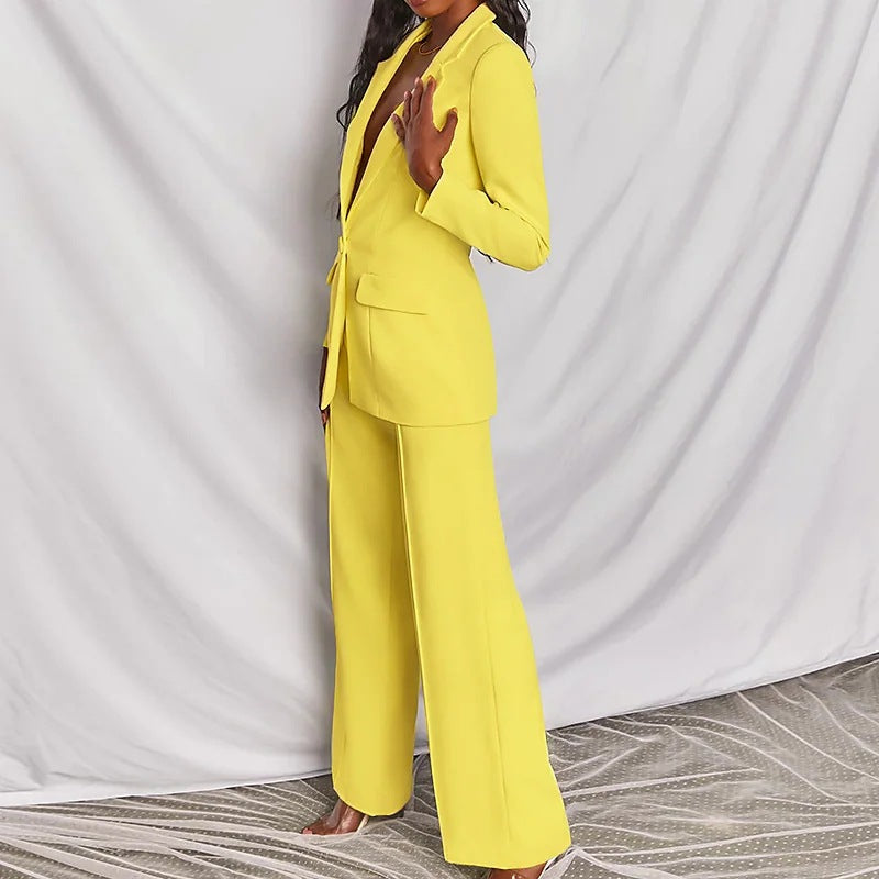 Lapel Button-Down Blazer &amp; Straight-Leg Trousers Suit