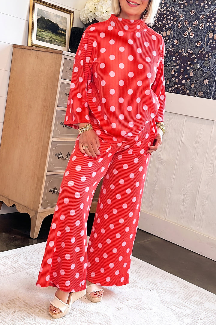 Red Polka Dot Ribbed Knit Mock Neck Pullover Two Piece Pants Set