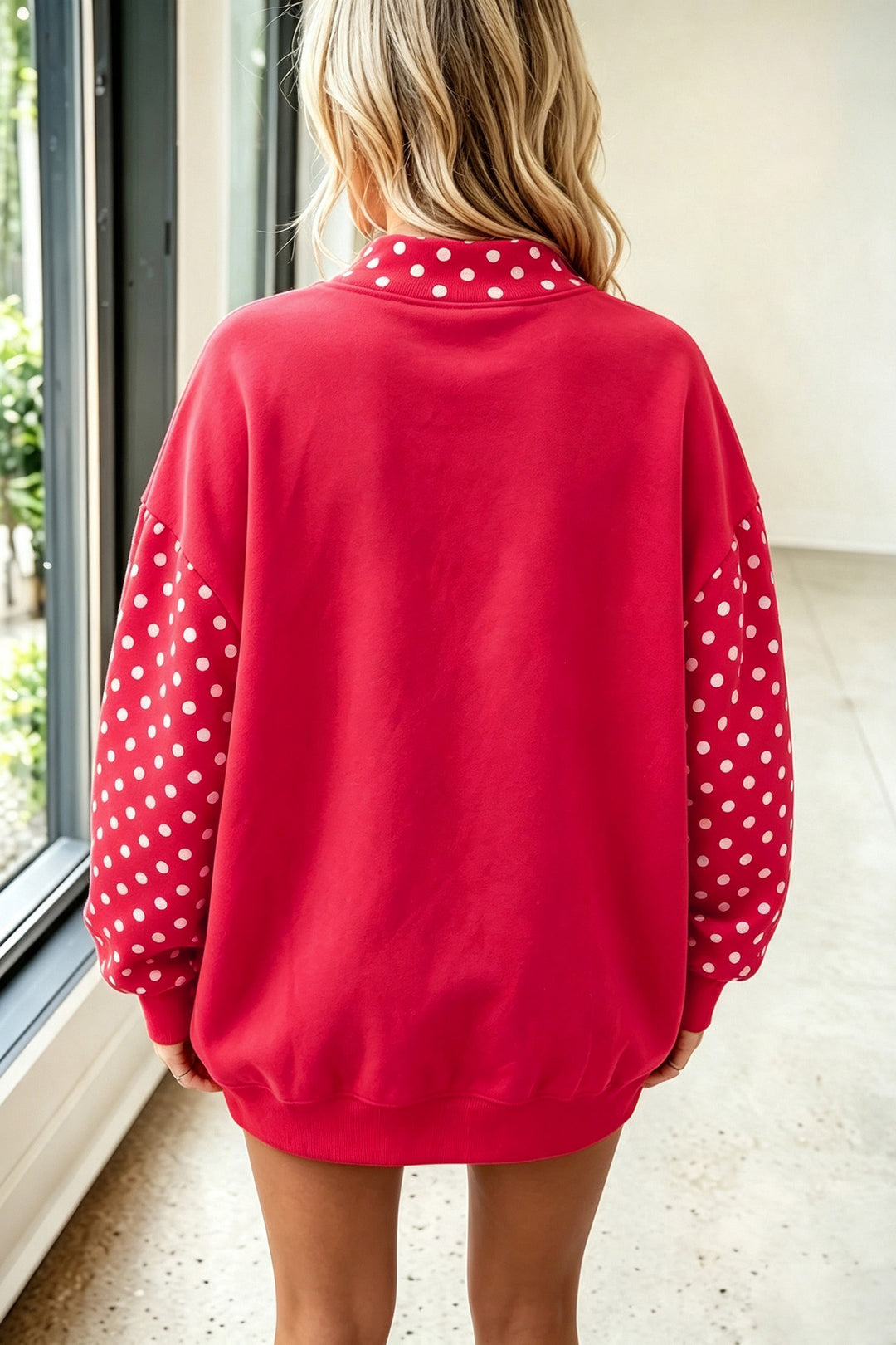 Orange Polka Dot Contrast Round Neck Long Sleeve Baggy Sweatshirt