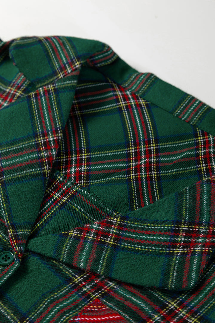 Green Plaid Contrast Patched Christmas Holiday Long Sleeve Shirt and Short 2pcs Pajama Set