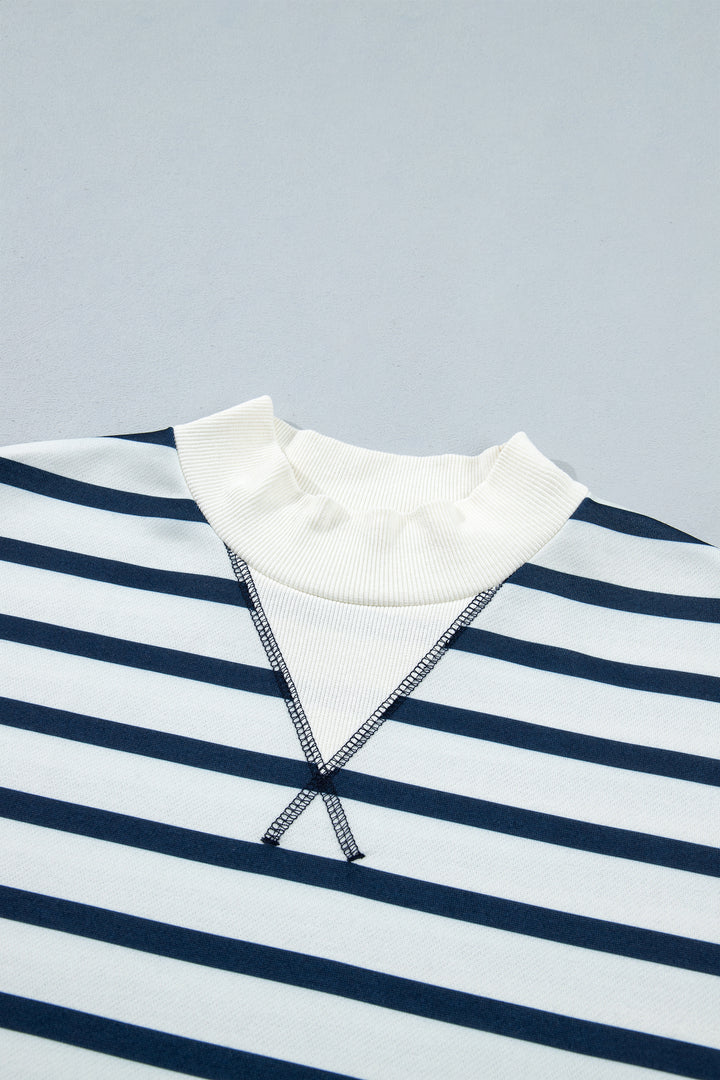 Blue Stripe Striped Ribbed Cuff Collar Pocket Loose Pant Set