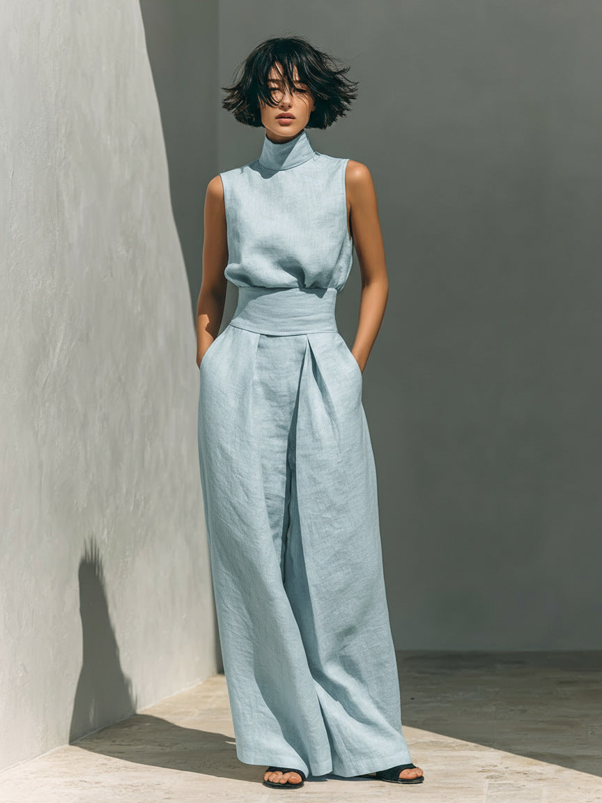 Women’s Cotton Linen Two-Piece Set – Sleeveless Top &amp; Wide-Leg Pants