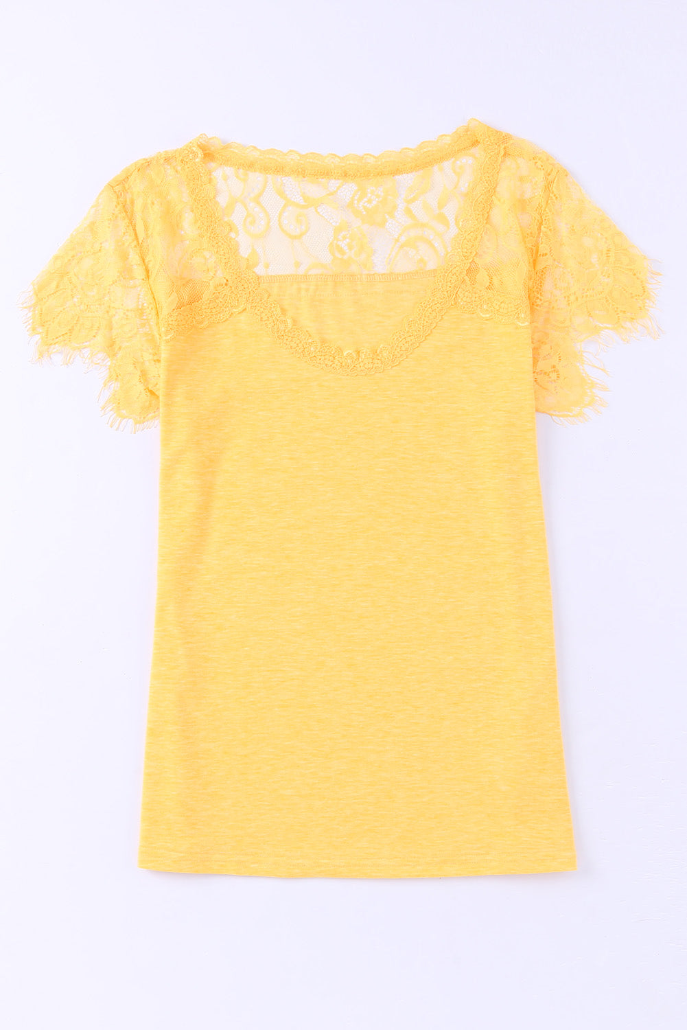 Yellow Lace Crochet Short Sleeve U Neck T Shirt