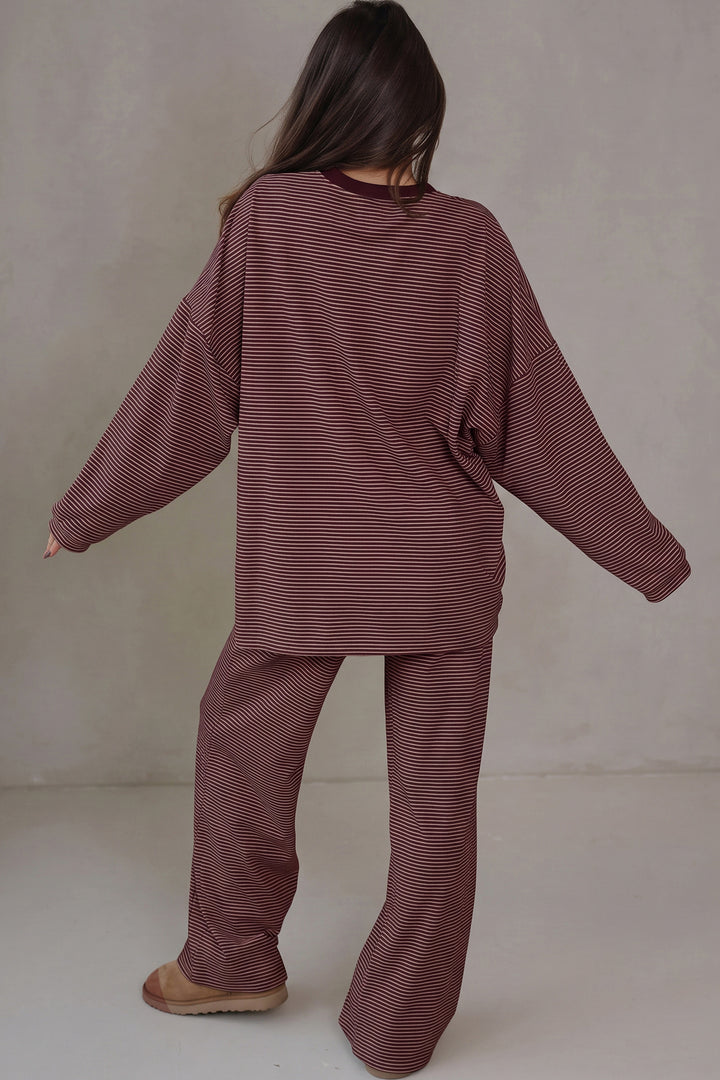 Brown Stripe Contrast Trim Round Neck Oversize Long Sleeve Top 2pcs Pant Set